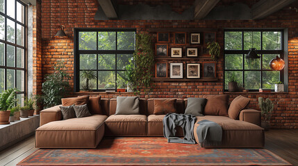 Loft Design. Room in loft style. Living room loft in industrial style with brown sofa, 3d render. Real estate concept. Design concept. 3d design. Loft concept. Creative concept. Old school concept.