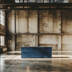a minimal blue kitchen island standing in a vast renovated industrial space, 1 cople
