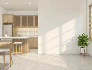 Empty room with kitchen minimalist built-in cabinet and wood dining table, white wall and polished concrete floor.3d rendering