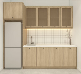 Modern japan style kitchen room with minimalist built-in cabinet, white wall and polished concrete floor.3d rendering