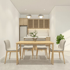 Modern japan style kitchen room with dining table and minimalist built-in cabinet, white wall and polished concrete floor.3d rendering