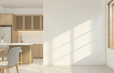 Modern japan style empty room with kitchen minimalist built-in cabinet and wood dining table, white wall and polished concrete floor.3d rendering