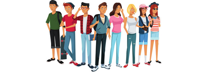 Empowered Young Teenagers Group Vector Illustration: Diverse Adolescents Embracing Unity, Friendship, and Social 