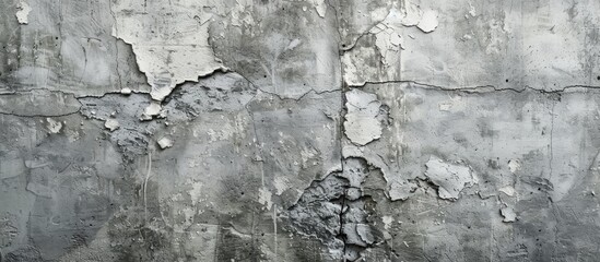 Obraz premium A weathered concrete wall is shown in black and white, with the paint peeling off in various areas. The worn-out texture of the wall adds a sense of decay and neglect to the scene.