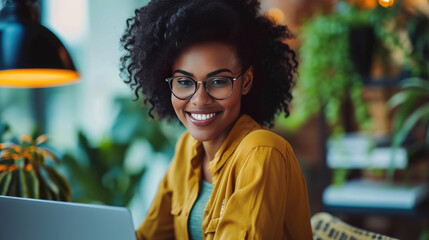 Photo of beautiful young professional African-American woman with curly hair, smiling, using laptop in bright and stylish office space