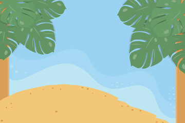 Summer seascape with palm tree, part of sandy beach and sea waves around. Copy space. Background