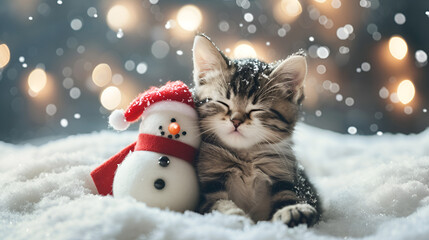 Cute cat is cuddling with a snowman isolated on snowy background with copy space, Christmas celebration . generative ai 