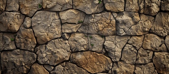 This close-up view shows a wall constructed entirely of rocks with varying shapes and sizes. The rocks are tightly packed together, creating a sturdy structure with visible cracks and textures.