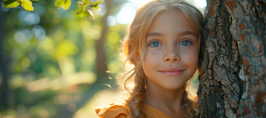Fototapeta premium midpro2 a young girl hugging a tree in a forest in the style of
