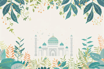 Mosque in leaves frame illustration for Ramadan In Spring Banner