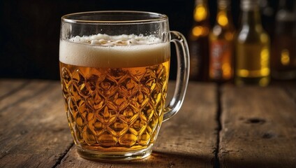 Closed Shot of a Beer Glass with Foam, Bottles Background, Wooden Table
