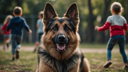 Close-up of a German Shepherd dog in a park, background people playing - obrazy, fototapety, plakaty