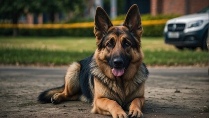 German Shepherd Dog, Sitting in a Park, Brown and Black
