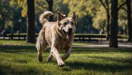 Adult dog running in the park happy