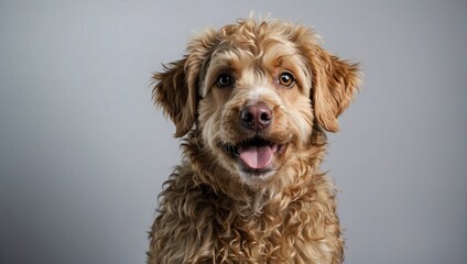 Close-up of happy dog on white background