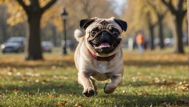 Dog running in Central Park Happy pug breed