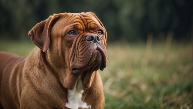 Close-up of bulldog dog in a park, brown color