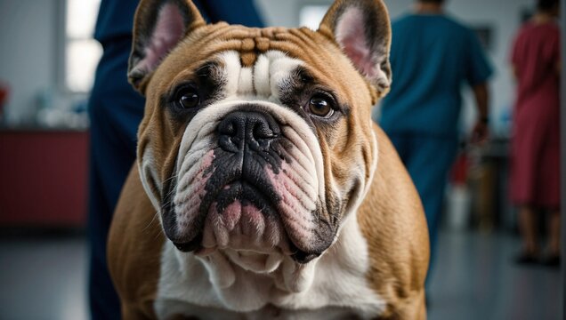 Close-up of bulldog breed dog at a vet