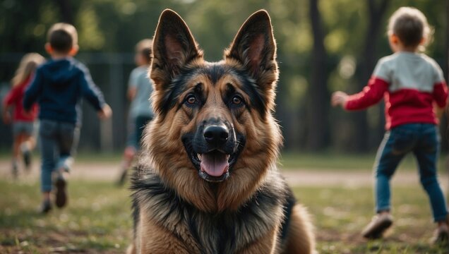 Close-up of a German Shepherd dog in a park, background people playing