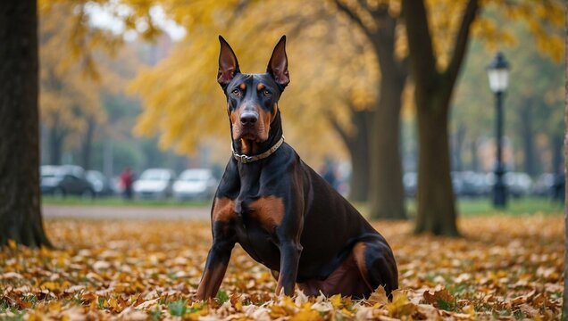 Doberman breed dog in the park in autumn