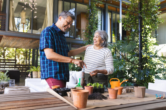 Senior biracial woman and biracial man share a joyful moment gardening together