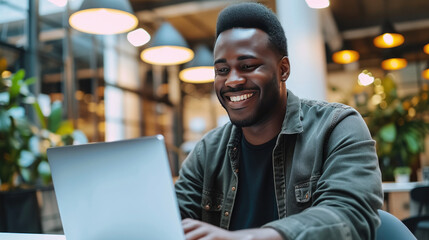Fototapeta premium Photo of handsome young professional African-American man with curly hair, smiling, using laptop in bright, stylish office space