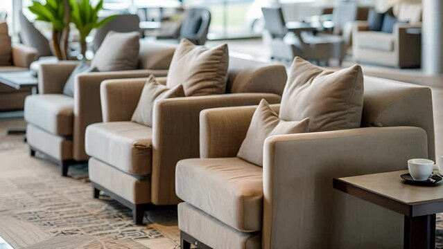 A row of cozy armchairs with plush cushions and side tables offering a comfortable spot for travelers to unwind and enjoy a cup of coffee in the airport lounge.