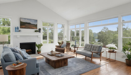 beautiful living room with fireplace and neutral decor and cathedral ceiling