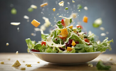 salad food flying in the air with cheese lettuce, tomatoes and others