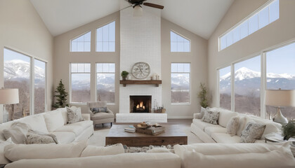 beautiful living room with fireplace and neutral decor and cathedral ceiling
