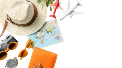 background for Graphics, traveler accessories with copy space.isolated on transparent and white background.PNG image.