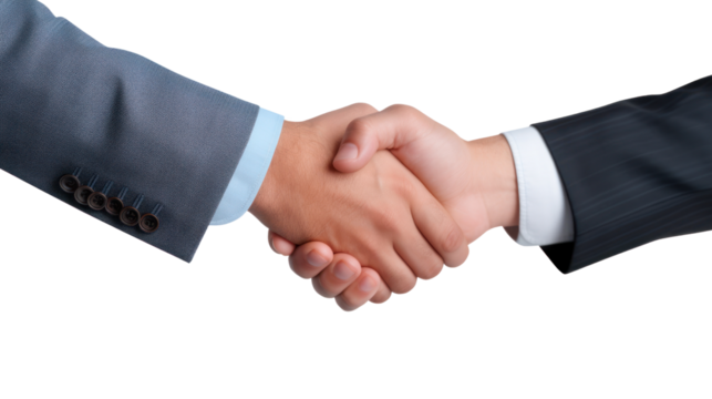 Businessmen of different nationalities shaking hands isolated on transparent and white background.PNG image.