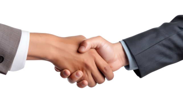Businessmen of different nationalities shaking hands isolated on transparent and white background.PNG image.