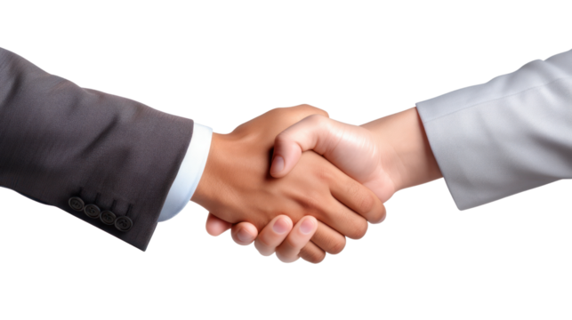 Businessmen of different nationalities shaking hands isolated on transparent and white background.PNG image.