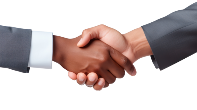 Businessmen of different nationalities shaking hands isolated on transparent and white background.PNG image.