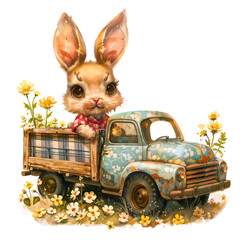 Rabbit and Truck Watercolor Image