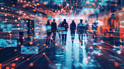 Group of multinational people and technology. Digital transformation. Wide angle visual for banners or advertisements