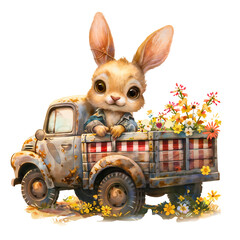Watercolor Rabbit Behind the Wheel of a Truck