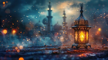 Ramadan Kareem greeting photo with serene mosque background with beautiful glowing lantern - obrazy, fototapety, plakaty