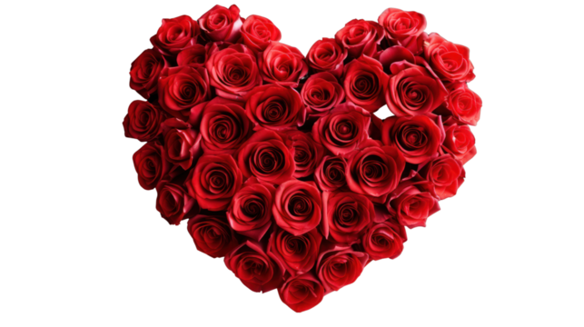 Heart-shaped bouquet of red roses isolated on transparent and white background.PNG image.