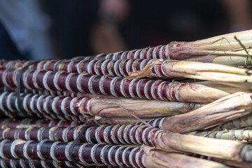 A stack of long organic sugar cane, Saccharum sinense, with brown and white jointed stalks. The edible sweet sugarcane stems are in raw form. The lengths of perennial grass plants are fibrous food. 