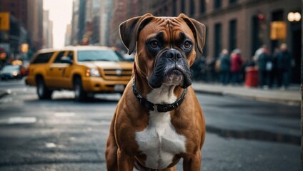 Boxer dog sitting on the sidewalk of New York streets ...