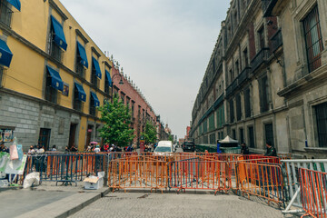 blocked off street in the center of Mexico City, mexico - dec 2th 2023 - obrazy, fototapety, plakaty