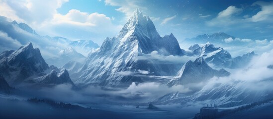 Fototapeta na wymiar A painting showcasing a majestic mountain range covered in snow, reaching up into a cloudy sky. The peaks stand tall and imposing against the ethereal backdrop, creating a sense of grandeur and awe.