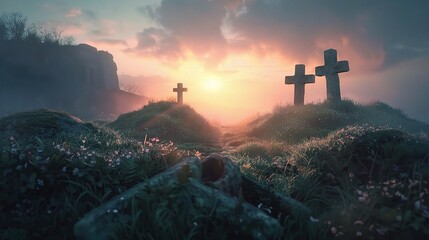 Resurrection Concept - Empty Tomb With Three Crosses On Hill At Sunrise.