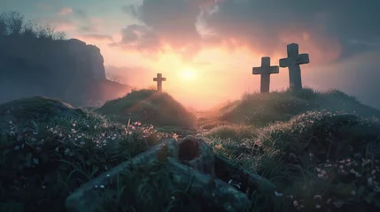 Foto op Canvas Resurrection Concept - Empty Tomb With Three Crosses On Hill At Sunrise. © INK ART BACKGROUND
