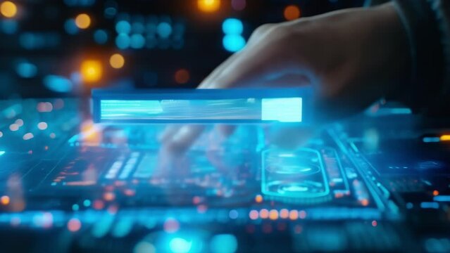 A futuristic holographic interface allows users to manipulate and yze their investment portfolios in real time right before their eyes.