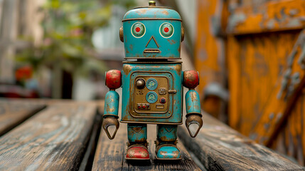 Closeup of a blue and red tin robot toy's upper torso and head, facing front on a blurred gradient background.