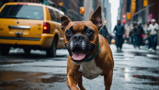 Boxer dog running through the streets of a city in New York