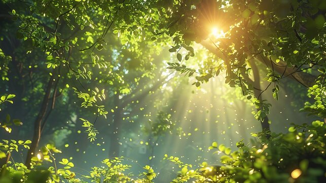 Scenic forest of fresh green deciduous trees framed by leaves, with the sun 
